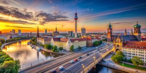 berlin skyline city panorama with blue sky sunset traffic famous landmark berlin germany europe scaled