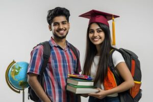 man woman holding books with one wearing cap one them has red band it