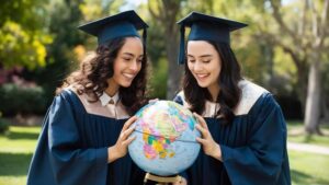 pair happy students gown looking globe white