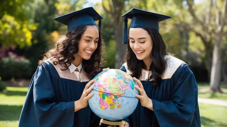 pair happy students gown looking globe white