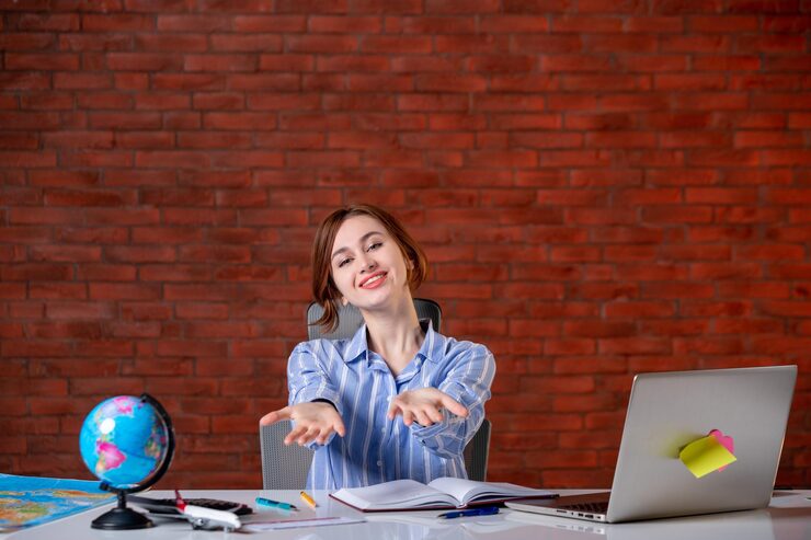 front view travel agent her working place map indoors manager operator agency world service occupation worker
